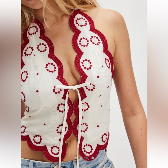 Free People White and Red Embroidered Halter Top - Picture 8 of 9